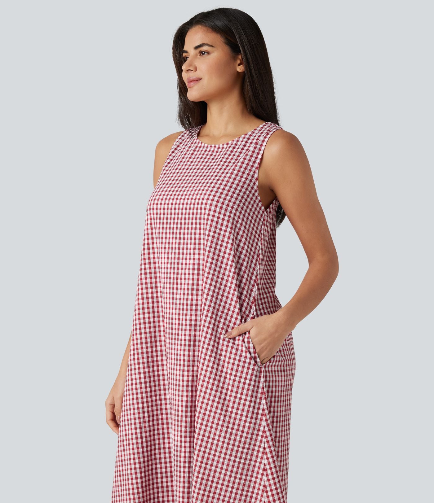 Robe débardeur midi décontractée col rond sans manches en vichy froissé avec poches
