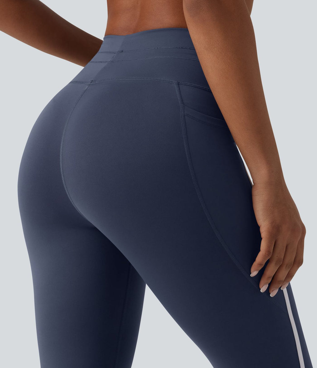 Legging de yoga 7/8 ventre plat taille haute avec cordon de serrage rayé color block et poches