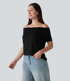 T-shirt casual col épaules dénudées manches courtes