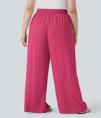Pantalon décontracté grande taille large fluide taille haute effet lin avec cordon de serrage et poches