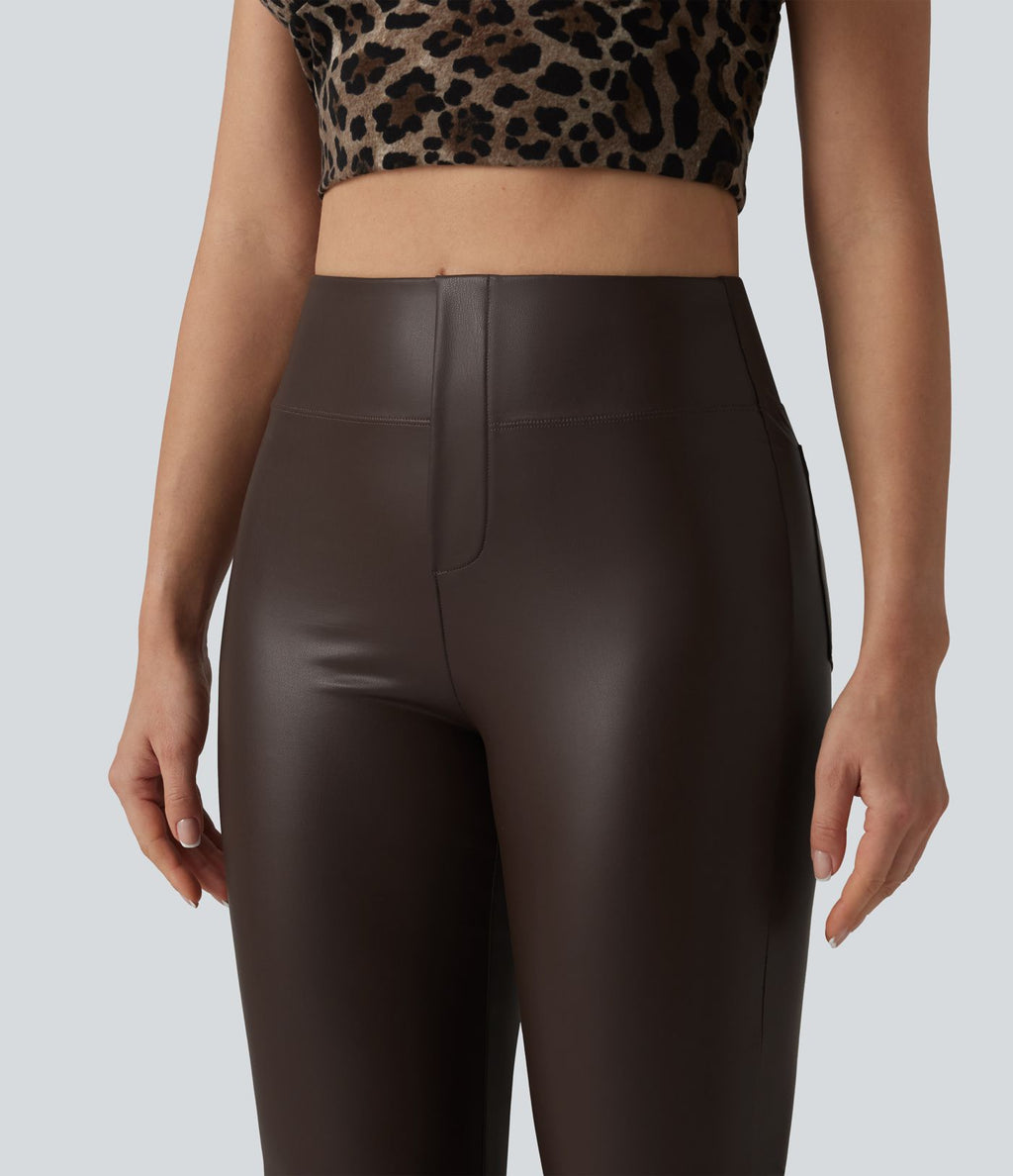 Pantalon décontracté taille haute, coupe bootcut, en PU extensible avec poches