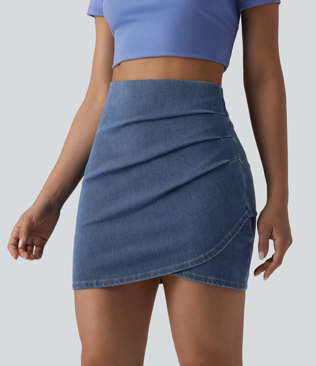Jupe mini moulante décontractée Halara Flex™ en denim taille haute froncée ourlet croisé