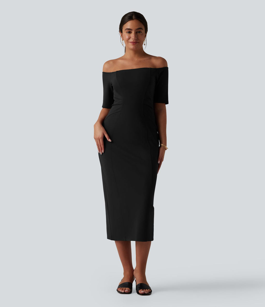 Robe midi moulante épaules dénudées manches courtes