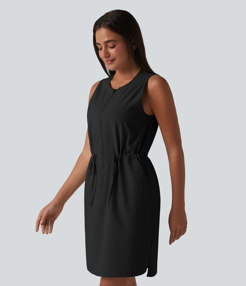 Robe sport mini de randonnée col rond sans manches demi-zip avec cordon de serrage et poches