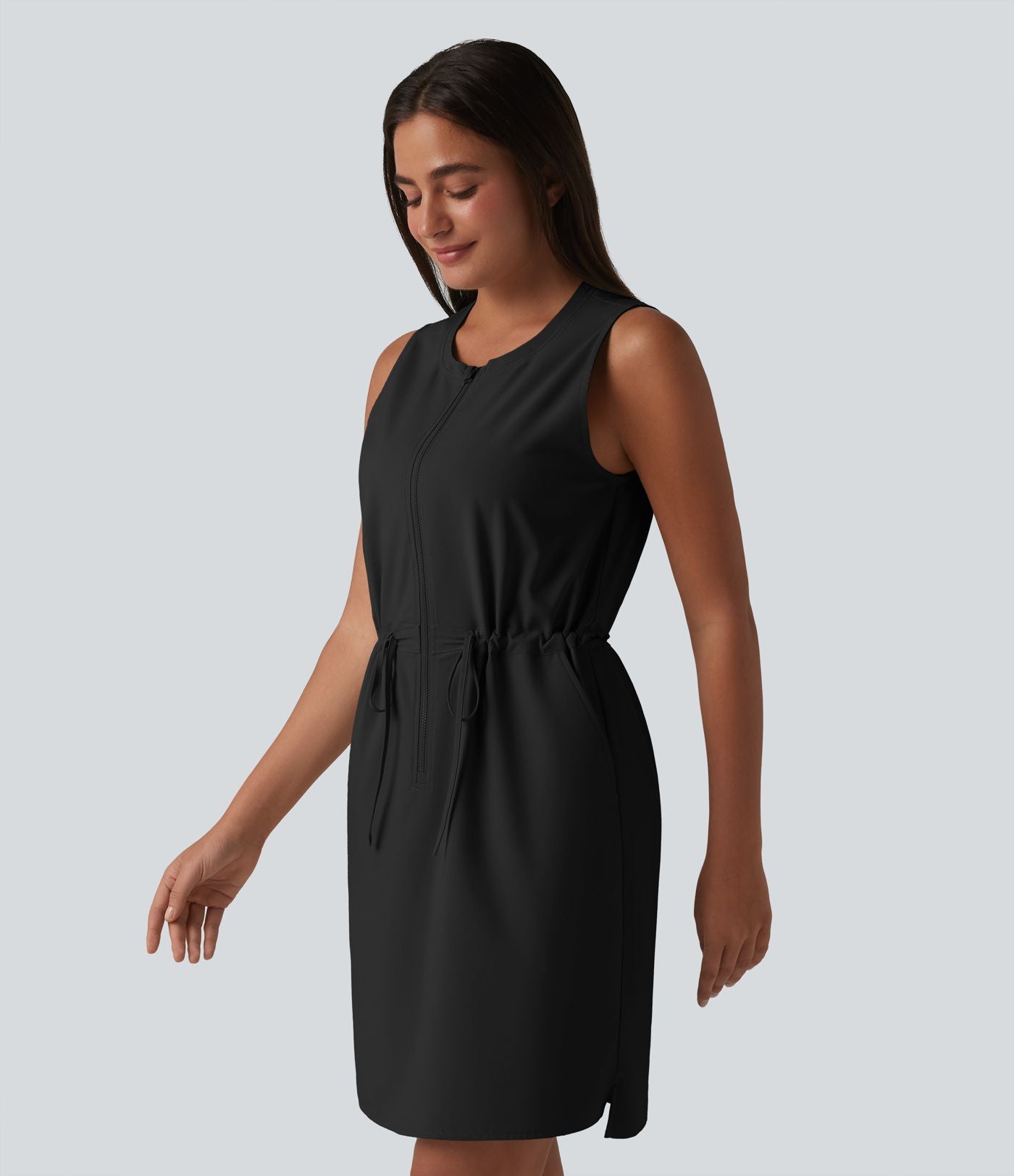 Robe sport mini de randonnée col rond sans manches demi-zip avec cordon de serrage et poches