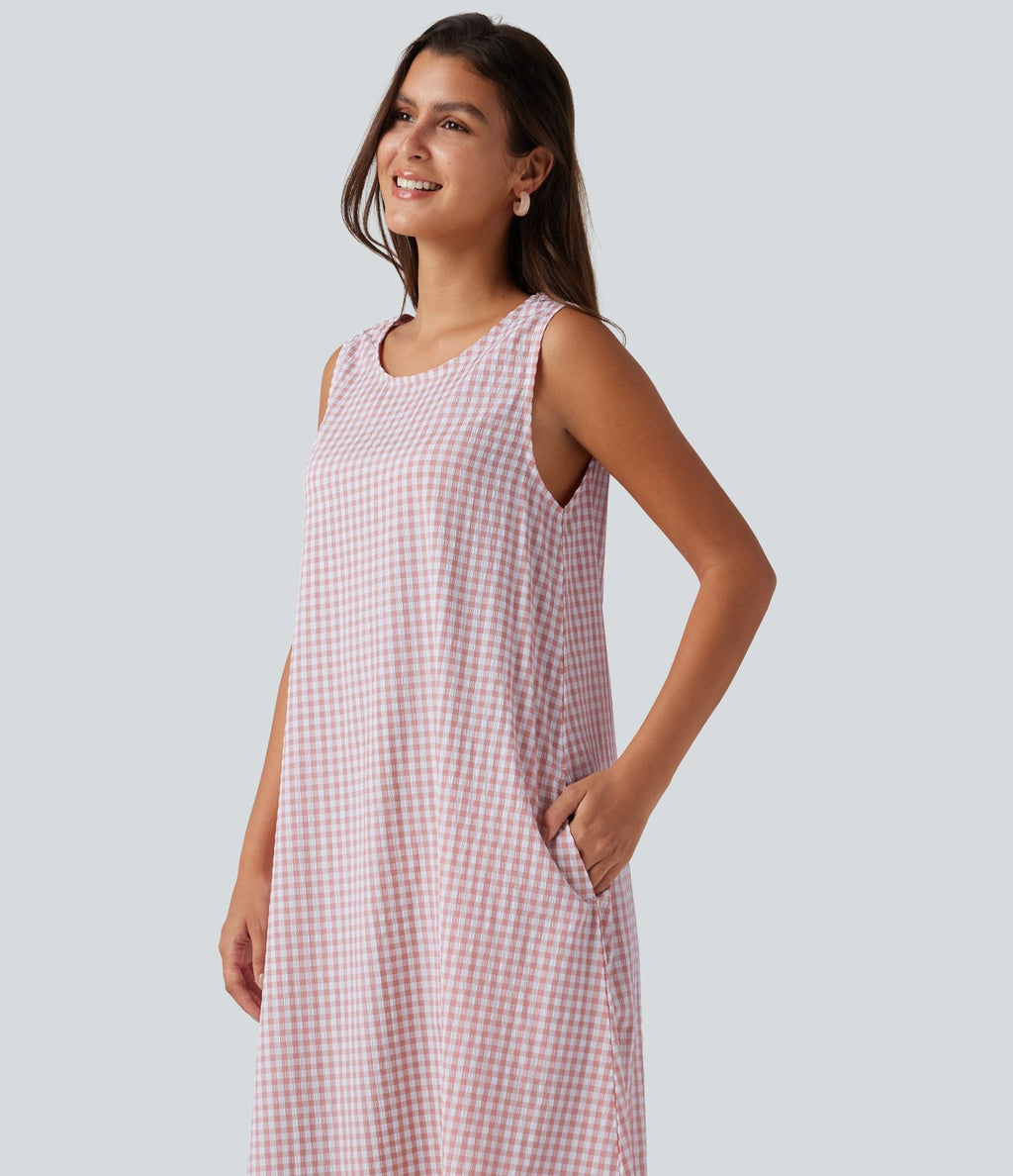 Robe débardeur midi décontractée col rond sans manches en vichy froissé avec poches