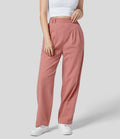 Pantalon Droit Travail Palazzo Solide Fluide Taille Haute avec Plis Poches Latérales Effet Lin