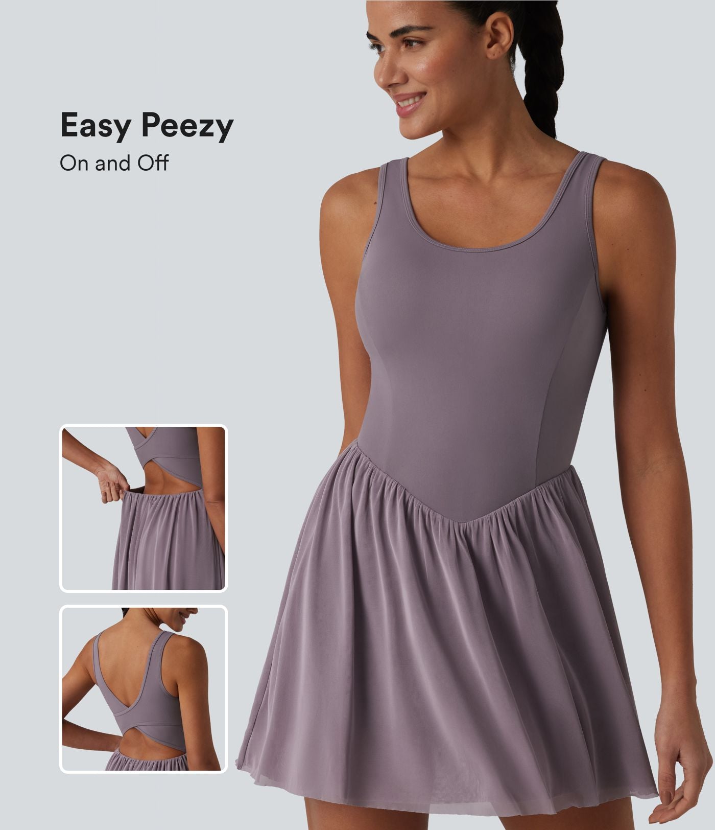 Robe de tennis courte fluide 2-en-1 SoftlyZero™ dos nu avec bretelles croisées, mesh contrasté, brassière intégrée et poches – Easy Peasy