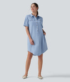 Robe casual mi-longue col manches courtes ourlet courbe avec poches