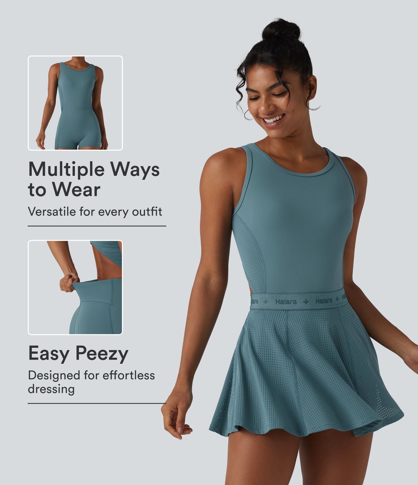 Barboteuse de yoga dos nu sans manches en mesh respirant avec jupe amovible et poches – Easy Peasy