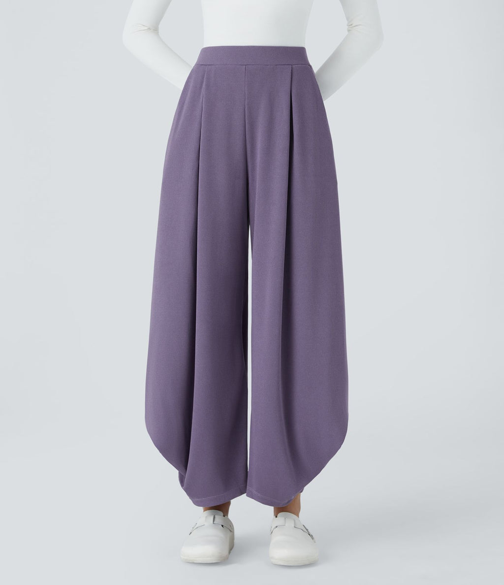 Pantalon décontracté harem uni côtelé, taille haute, avec poches