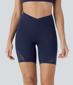Short cycliste yoga 7'' Softlyzero™ taille haute croisé dentelle contrastante avec poches - UPF50+