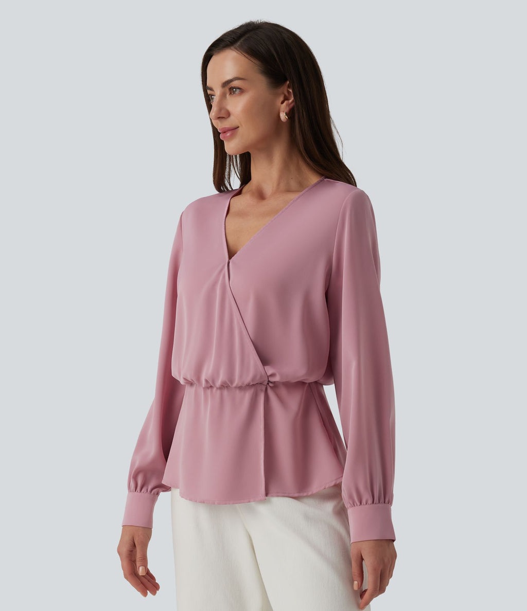 Blouse esprit bureau défroissage facile, col V cache-cœur avec boutons-pression, manches longues et coupe ample