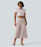 Pantalon large décontracté court taille haute avec poches