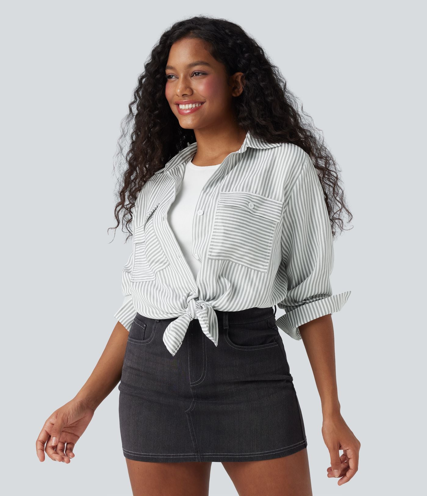 Chemise décontractée manches longues à rayures ourlet arrondi