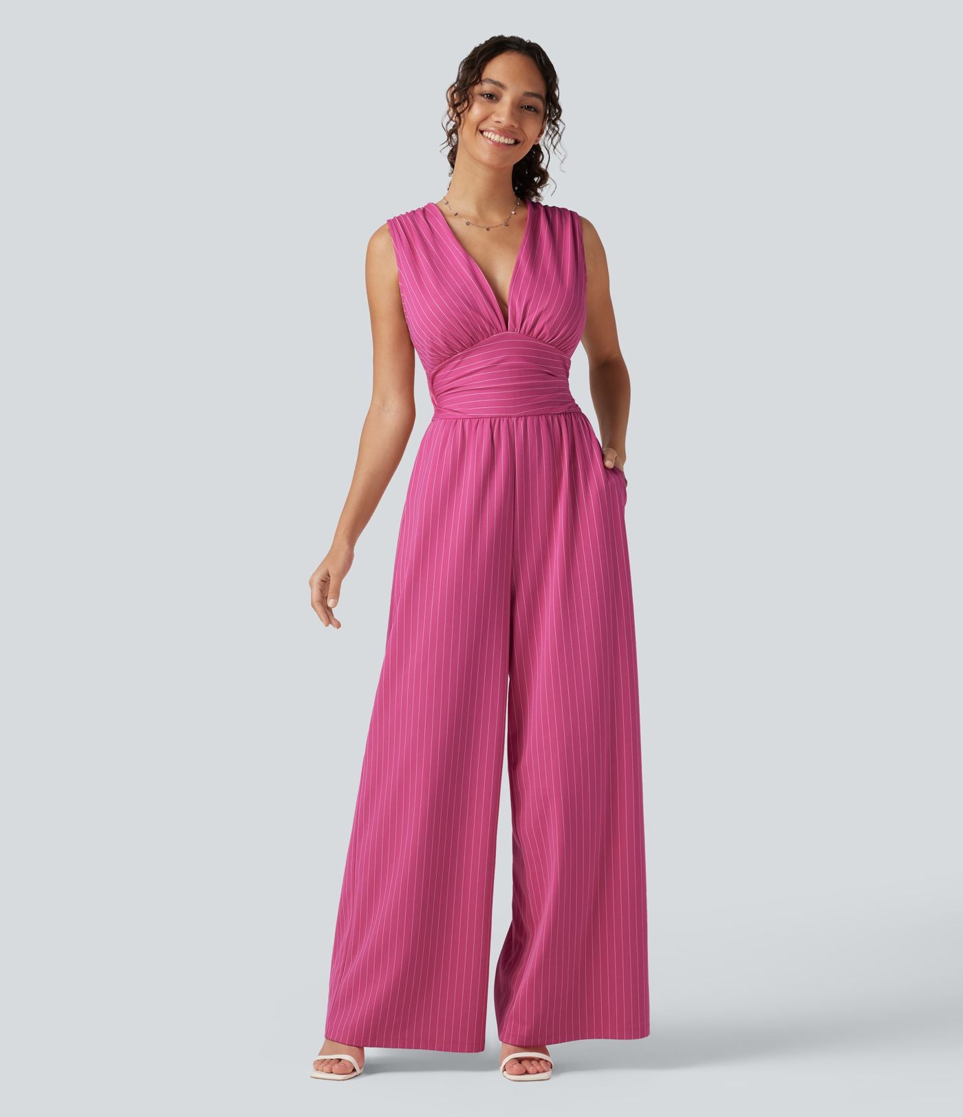 Combinaison tailleur col V sans manches à rayures et fronces avec poches - Easy Peasy