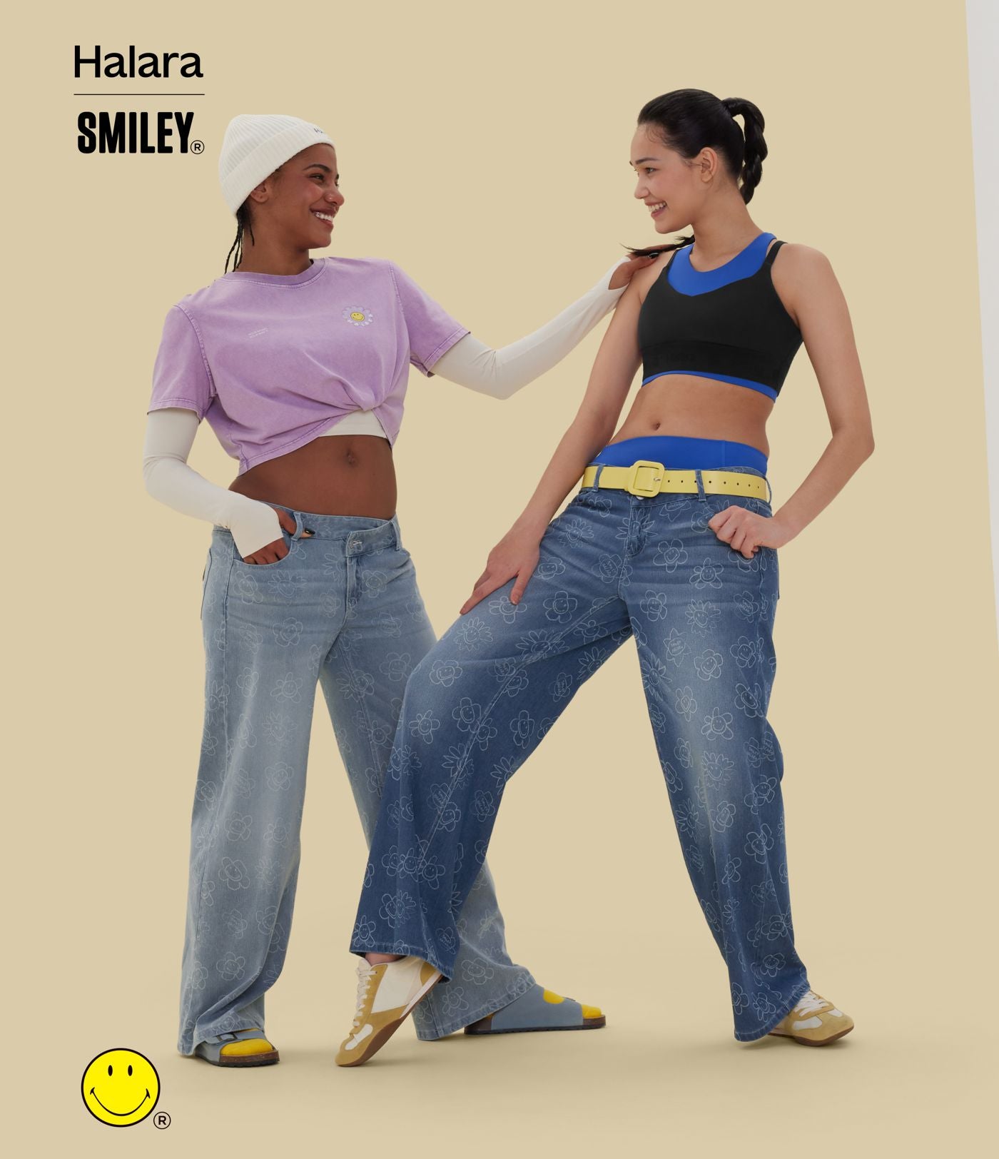 Halara X Smiley® Halara Flex™ Jean large décontracté asymétrique taille basse en lyocell délavé avec poches