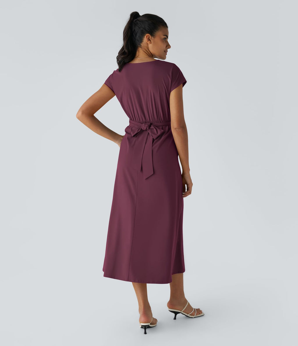 Breezeful™ Robe Mi-Longue Col en V Manches Courtes Poche Latérale Nouée au Dos Séchage Rapide