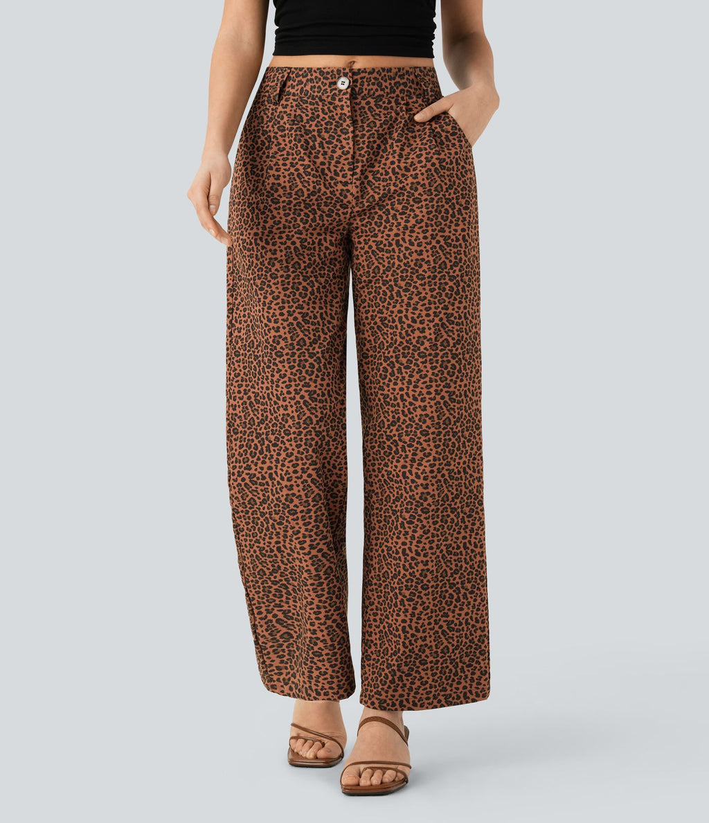 Pantalon décontracté en coton à jambe droite, taille moyenne, imprimé léopard avec poches
