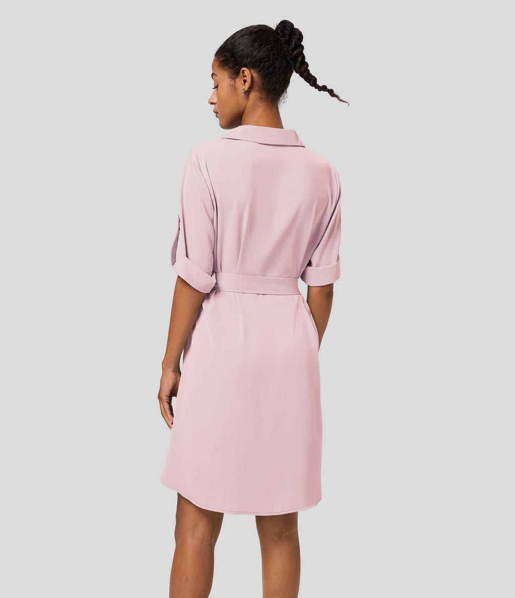 Robe-chemise décontractée à col, manches retroussables et ceinture