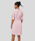 Robe-chemise décontractée à col, manches retroussables et ceinture