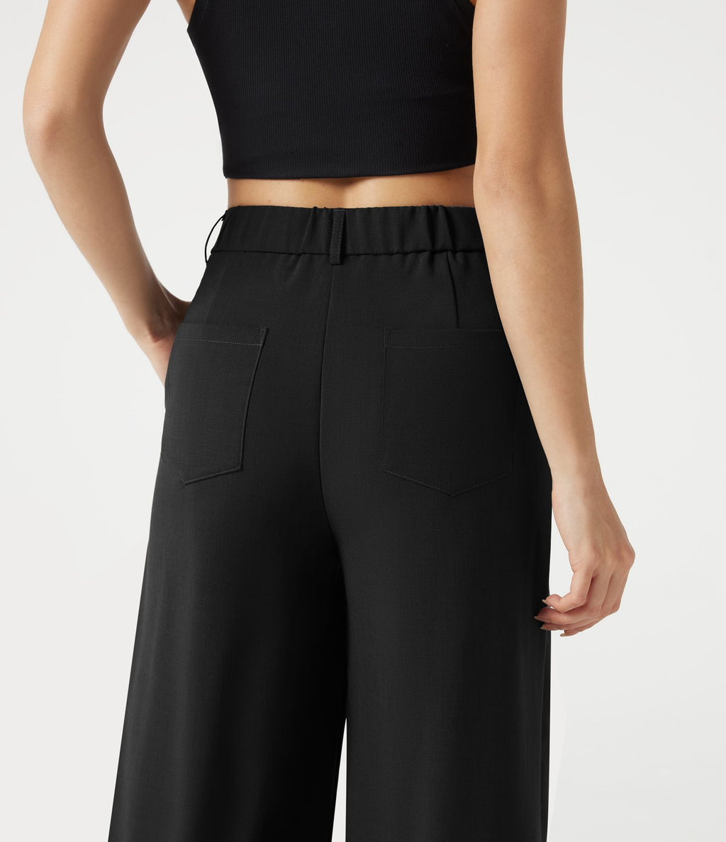 Pantalon casual ample toucher lin taille mi-haute à poches