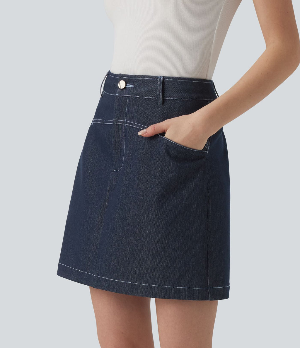 Jupe mini évasée casual 2-en-1 aspect denim taille haute avec poches