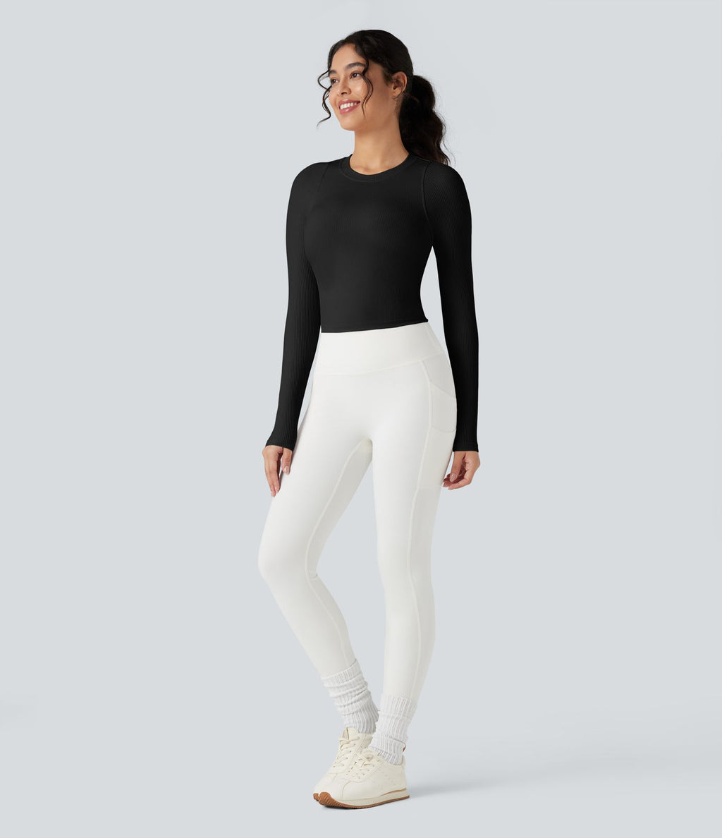 Top de sport yoga ajusté côtelé maille col rond manches longues