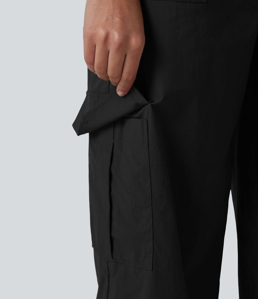 Pantalon cargo droit de randonnée taille haute avec poches