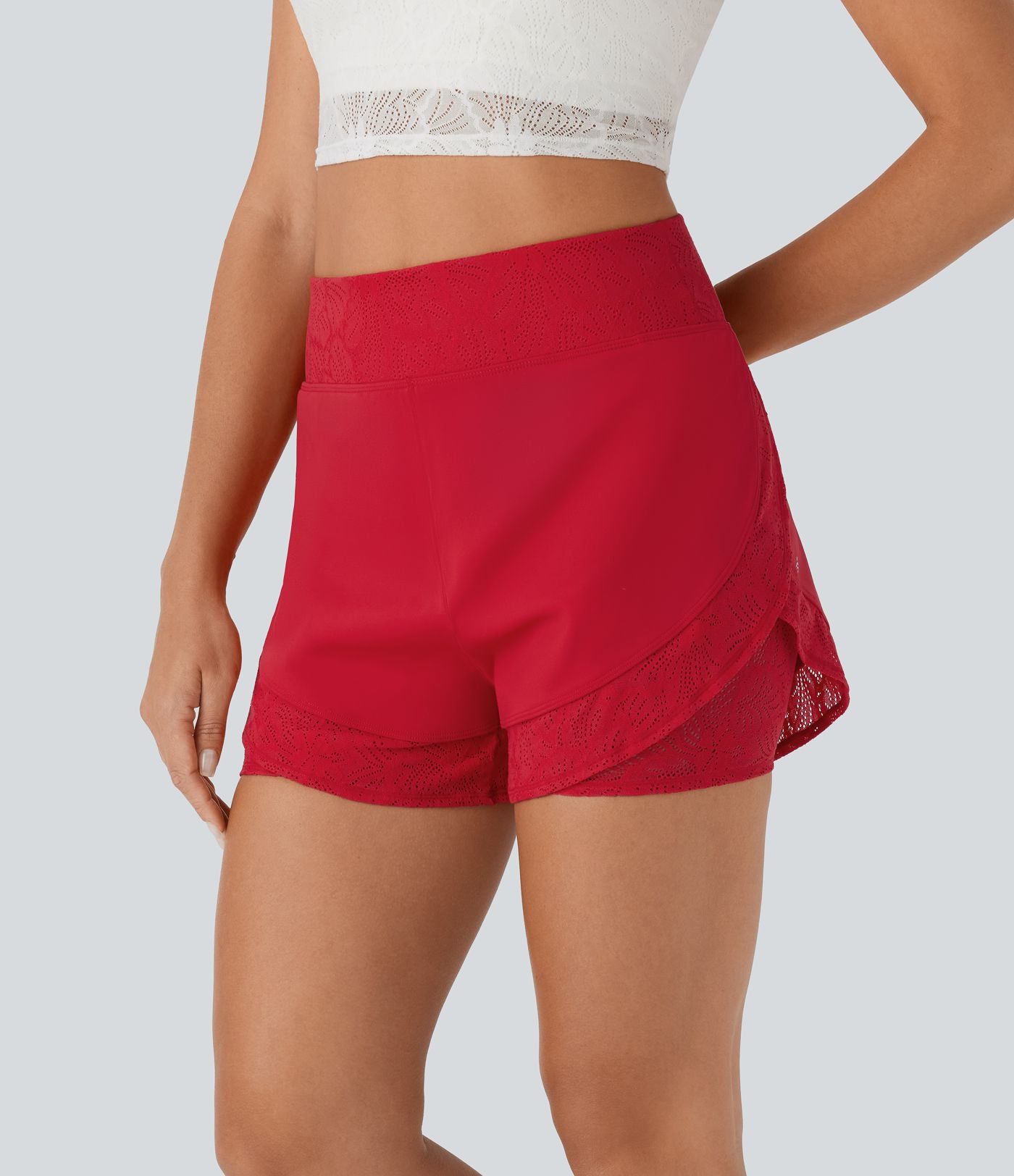 Short de yoga 2-en-1 SoftlyZero™ Airy à taille haute avec poche latérale, dentelle contrastante et effet frais InstantCool, protection solaire UPF50+