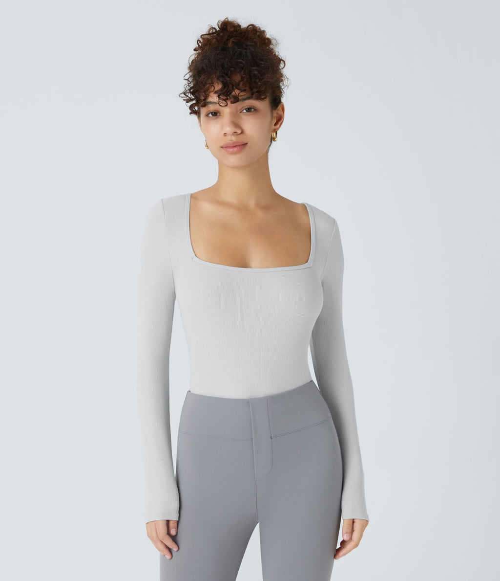 Bodysuit de Travail Tricot Côtelé Col Carré Manches Longues Boutonné Silhouette Élancée