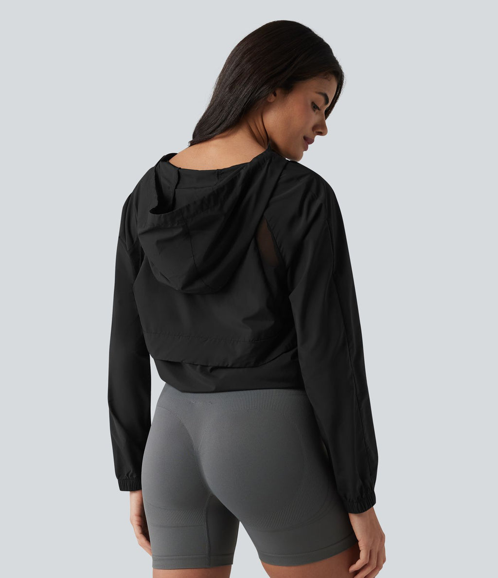 Veste de course à capuche à manches longues avec empiècements en mesh contrasté et poches – Protection UPF 50+