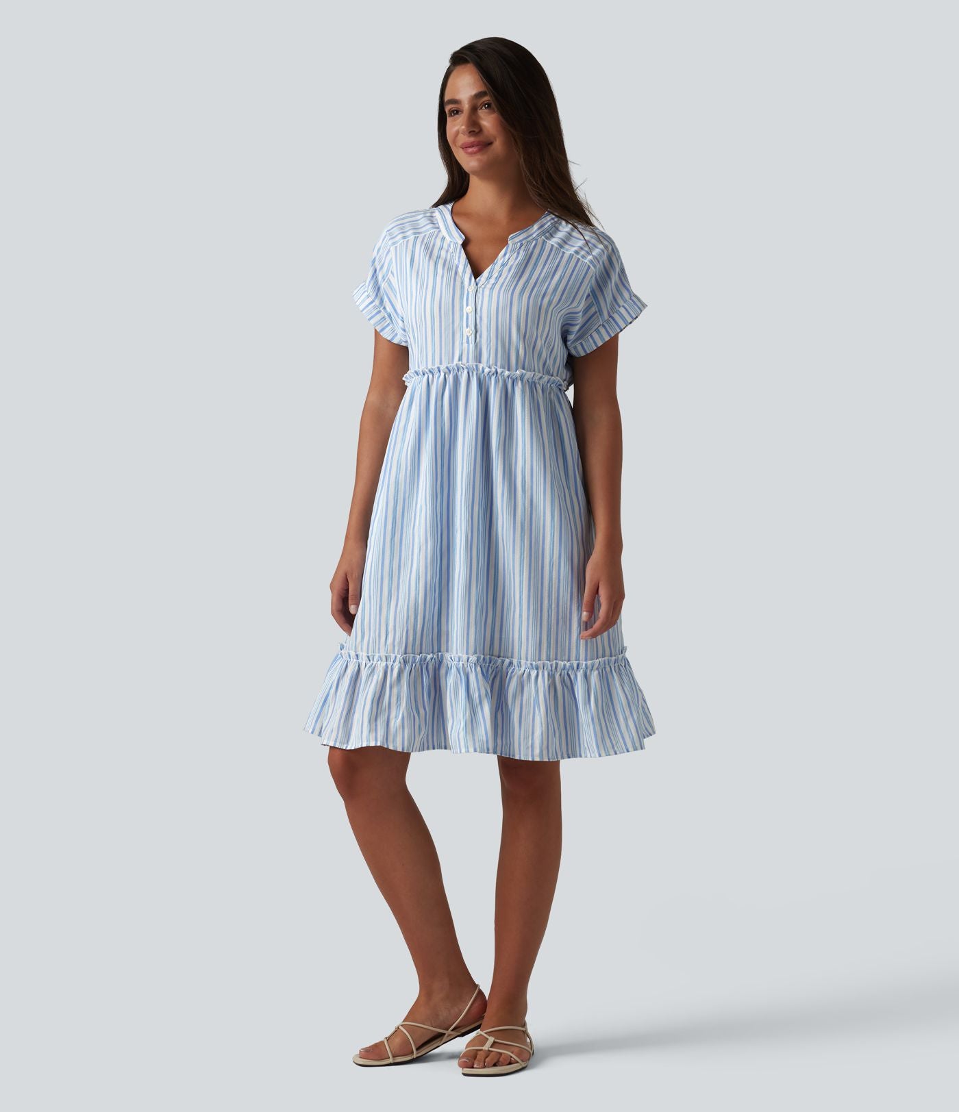 Robe décontractée mini col V manches courtes à rayures avec poches