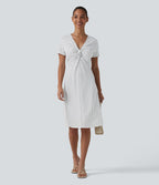 Robe casual à col V, manches courtes et imprimé à pois longueur genou