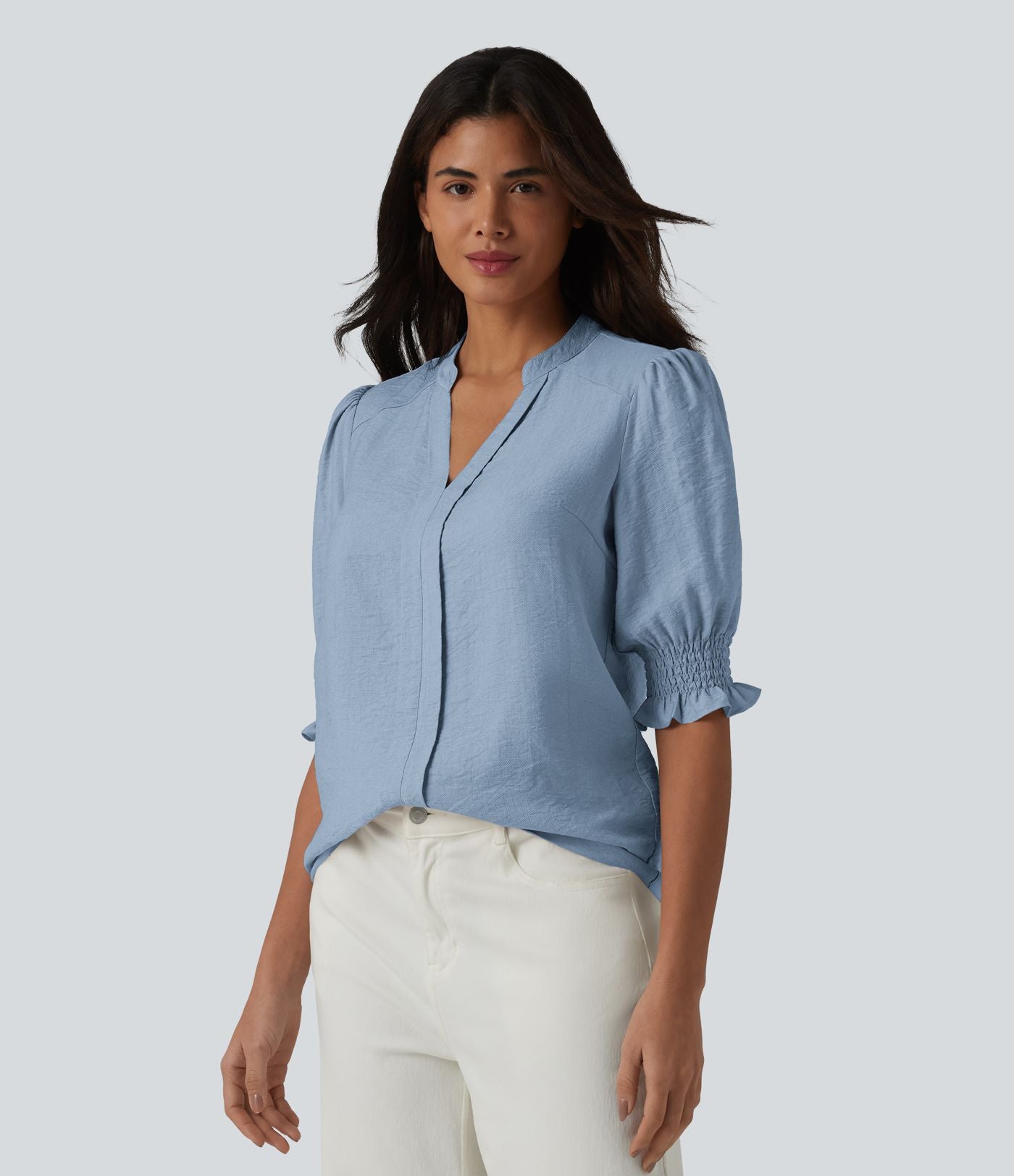 Blouse décontractée à col en V et manches courtes bouffantes