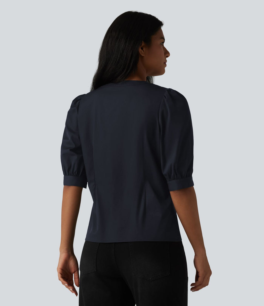 Blouse décontractée col Henley manches bouffantes mi-longues