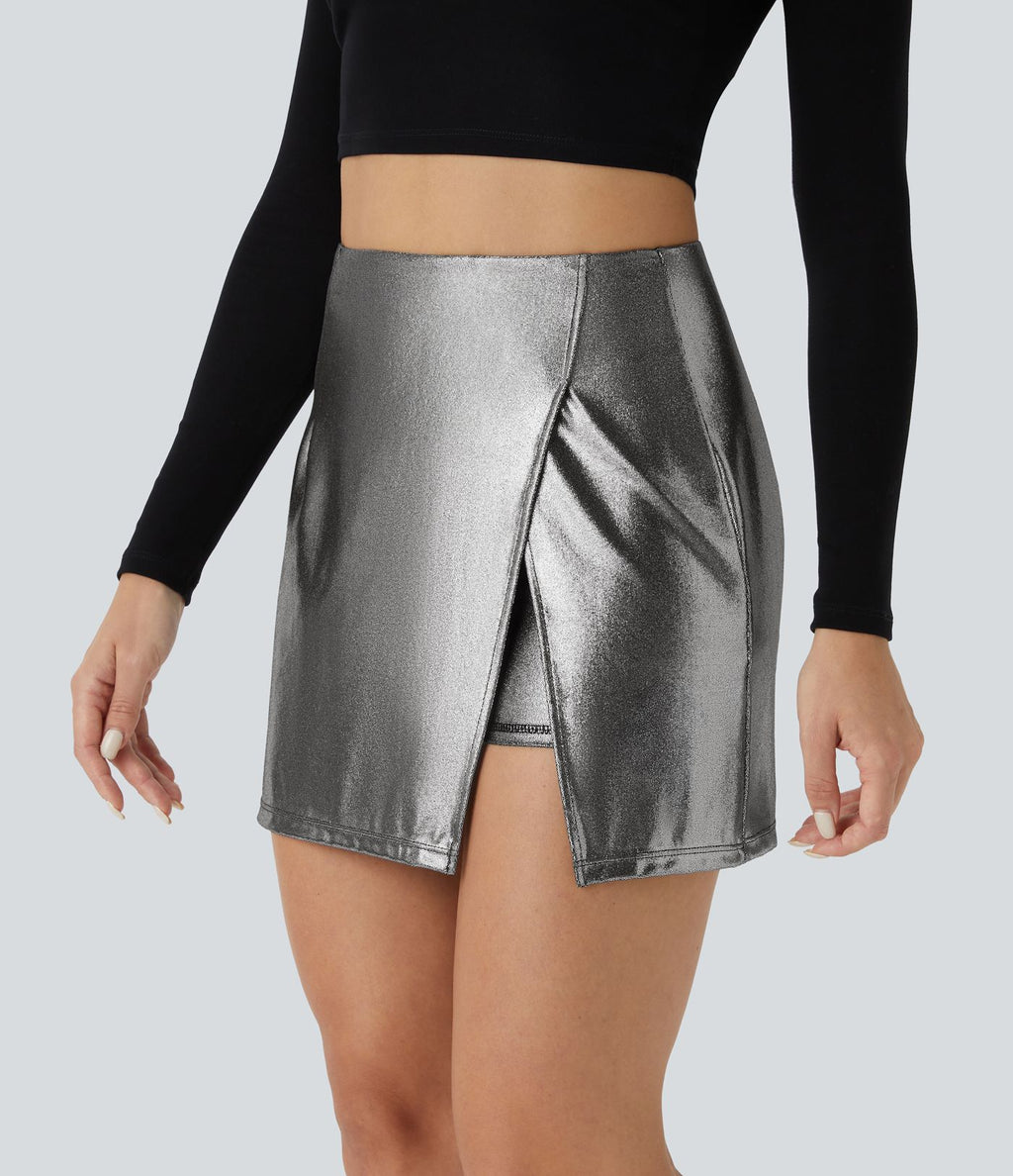 Mini-jupe moulante 2-en-1 SoftlyZero™ taille haute en simili, ourlet, effet sparkle métalisé, extensible avec poches