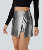 Softlyzero™ Jupe Soirée Mini à Effet Cuir Taille Haute Ourlet Fendu 2-en-1 Poche Côté Imprimé Métallisé Élastique Moulante