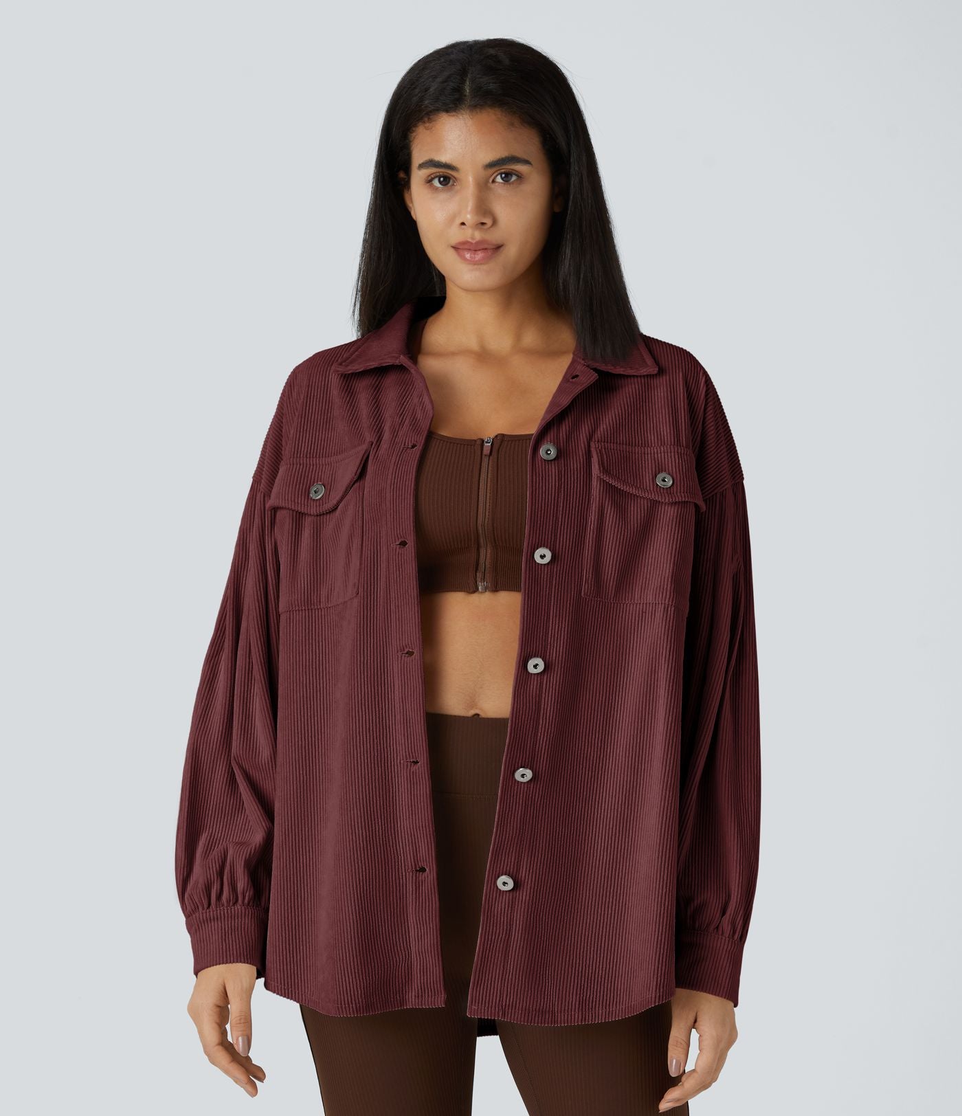 Veste Casual en Velours Côtelé à Col Boutonné Poches et Manches Longues Ourlet Courbé