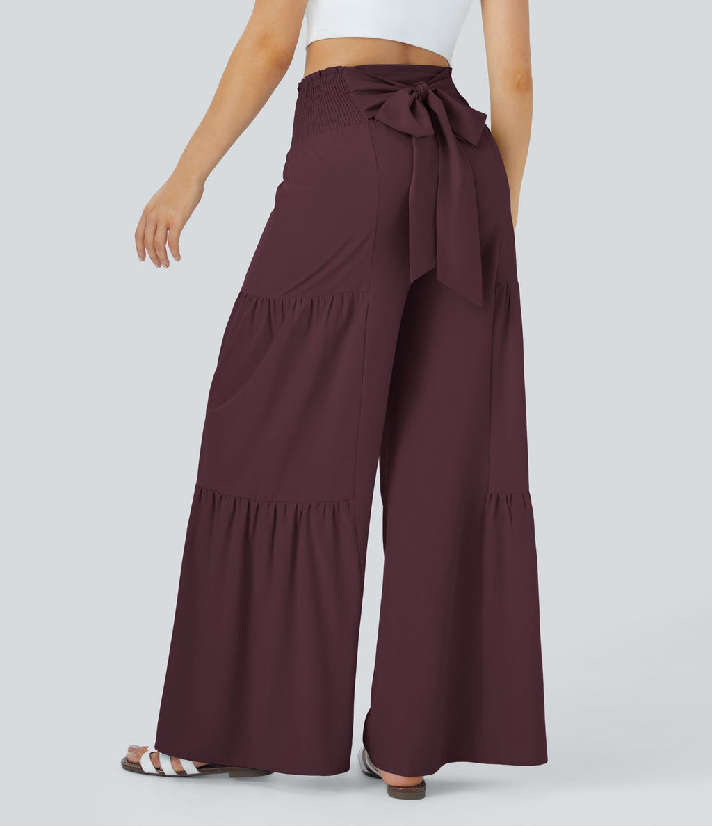 Breezeful™ Pantalon Large Casual Taille Haute Froncé à Nouer Devant et Dos Fluide Séchage Rapide