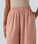 Pantalon décontracté coupe ballon taille haute aspect lin avec poches