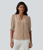 Blouse décontractée à col en V et manches courtes bouffantes