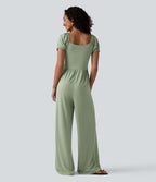 Combinaison-pantalon corset à manches courtes bouffantes et col en V, avec coussinets non amovibles et poches