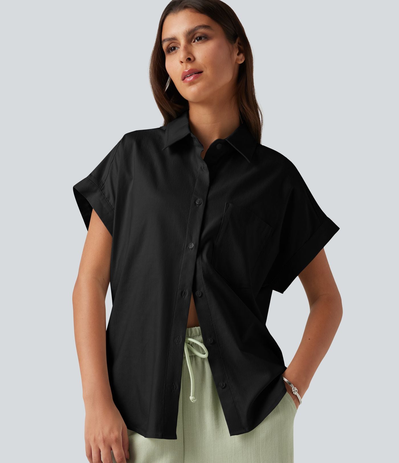 Chemise décontractée manches courtes en coton et lin avec poche