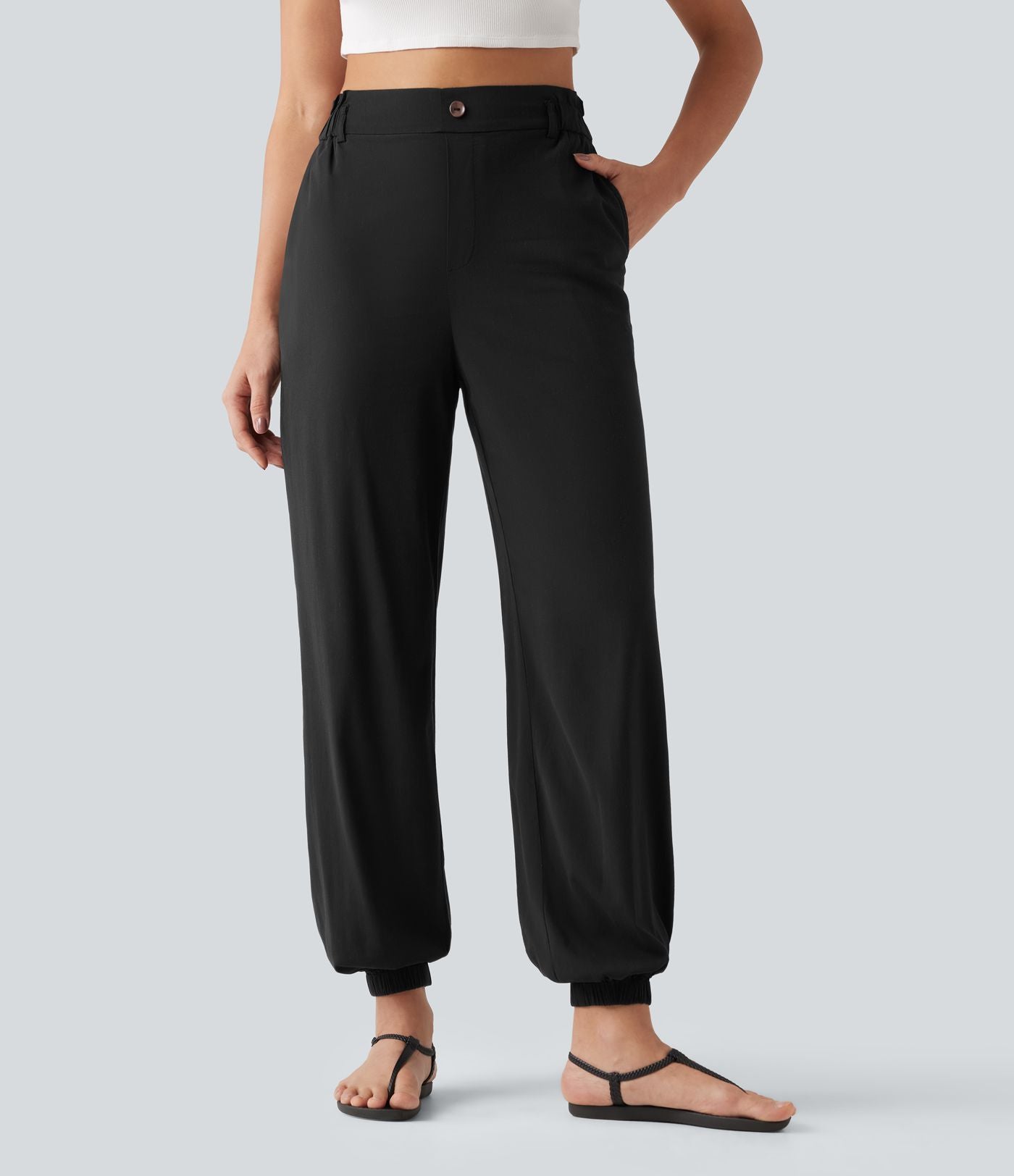Pantalon jogging en lin stretch taille haute avec poches