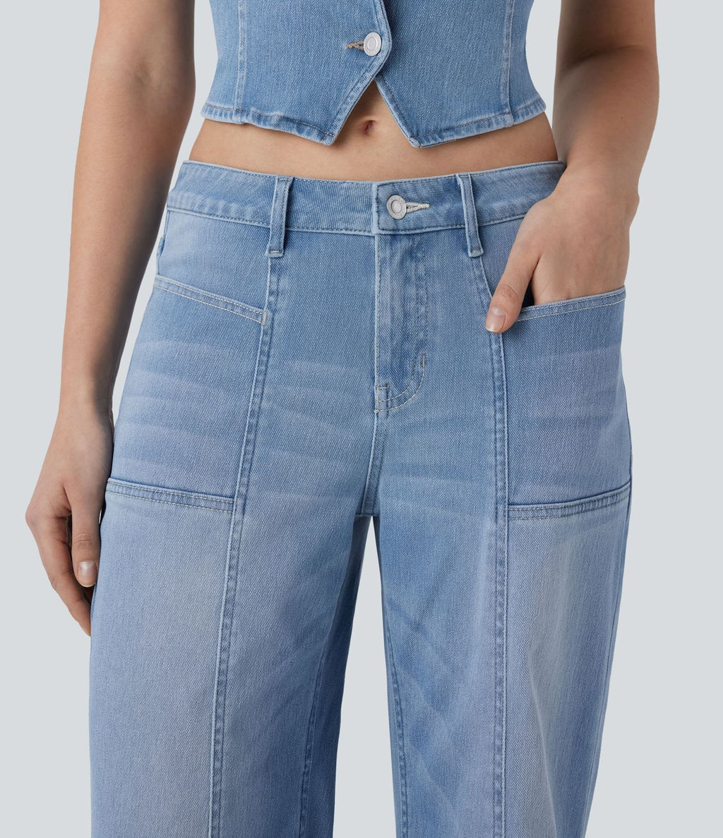 Jean bootcut délavé Halara Flex™ taille basse à poches multiples et fermeture zippée