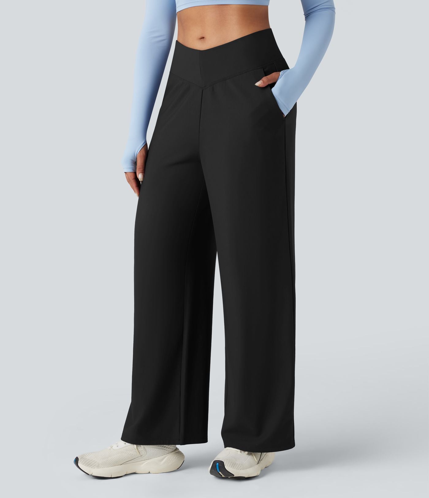 Pantalon de yoga ample thermique en polaire, dos en V, taille haute, avec poches