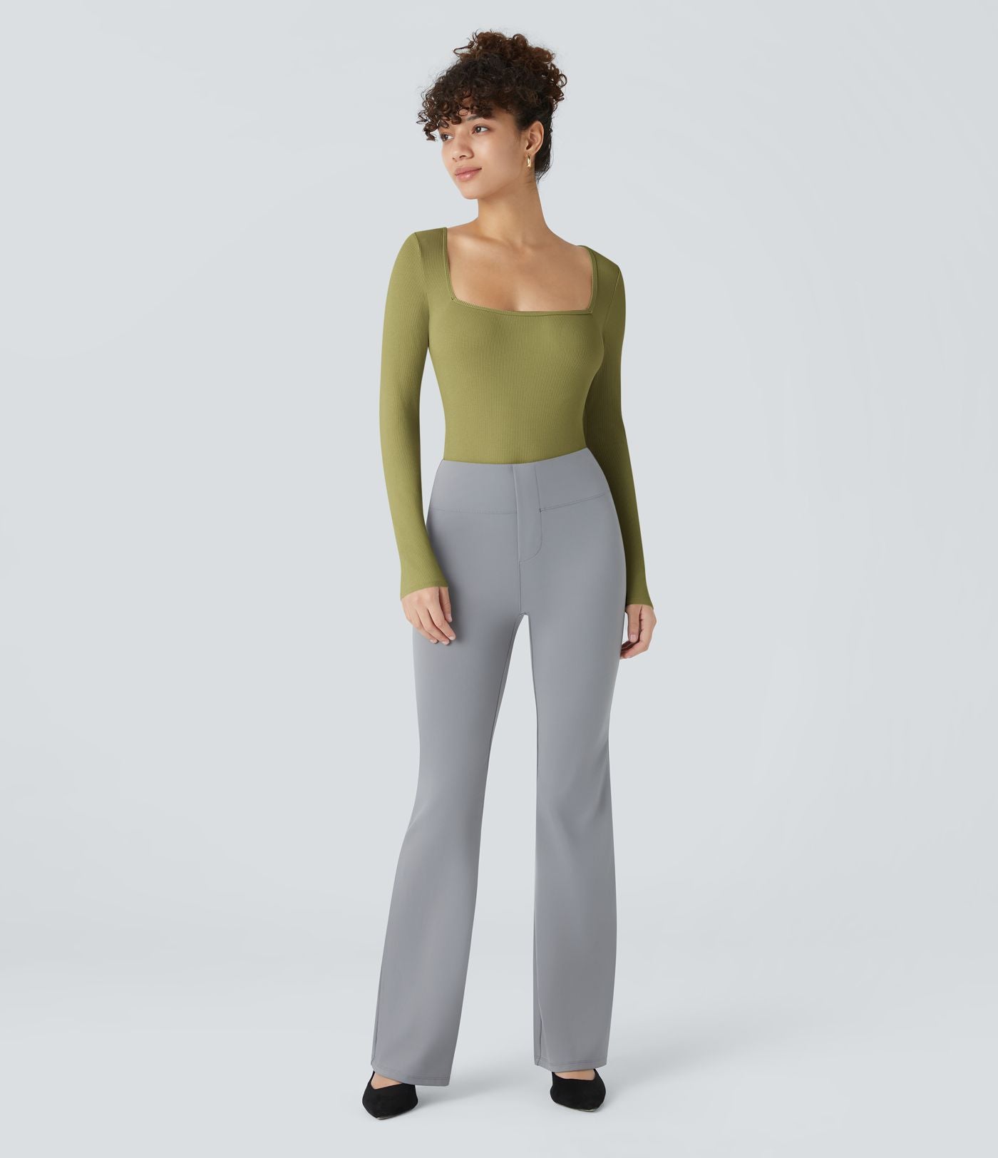 Bodysuit de Travail Tricot Côtelé Col Carré Manches Longues Boutonné Silhouette Élancée