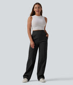 Pantalon décontracté coupe droite taille haute avec poches