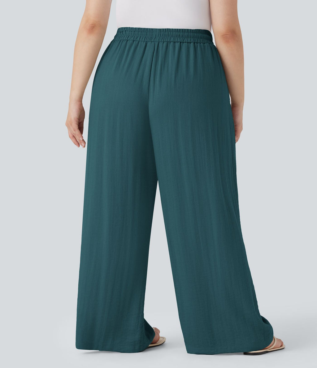 Pantalon décontracté grande taille large fluide taille haute effet lin avec cordon de serrage et poches
